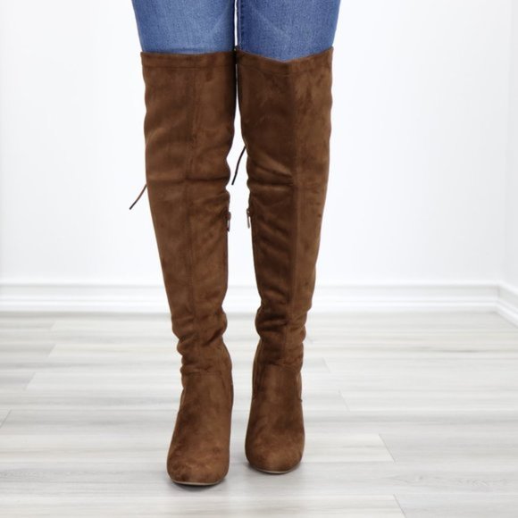 Suede Over The Knee Heeled Boots With Lace Up Back - Picture 2 of 13